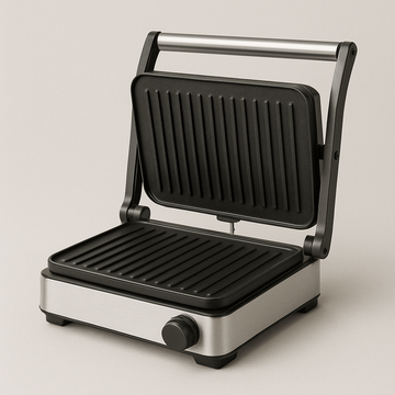 Kompakter Kontaktgrill mit Edelstahlgehäuse – Antihaftplatten mit Temperaturregler